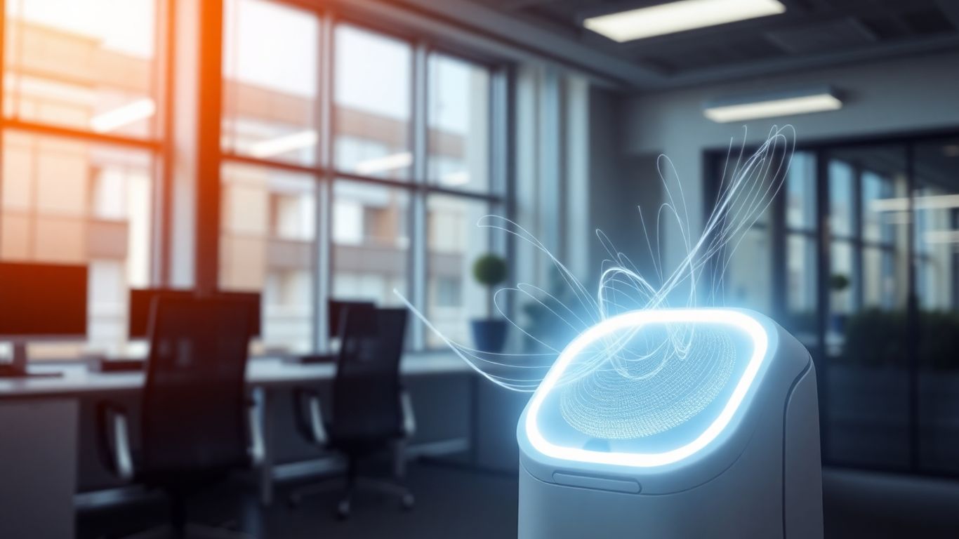 Futuristic AI device in an office