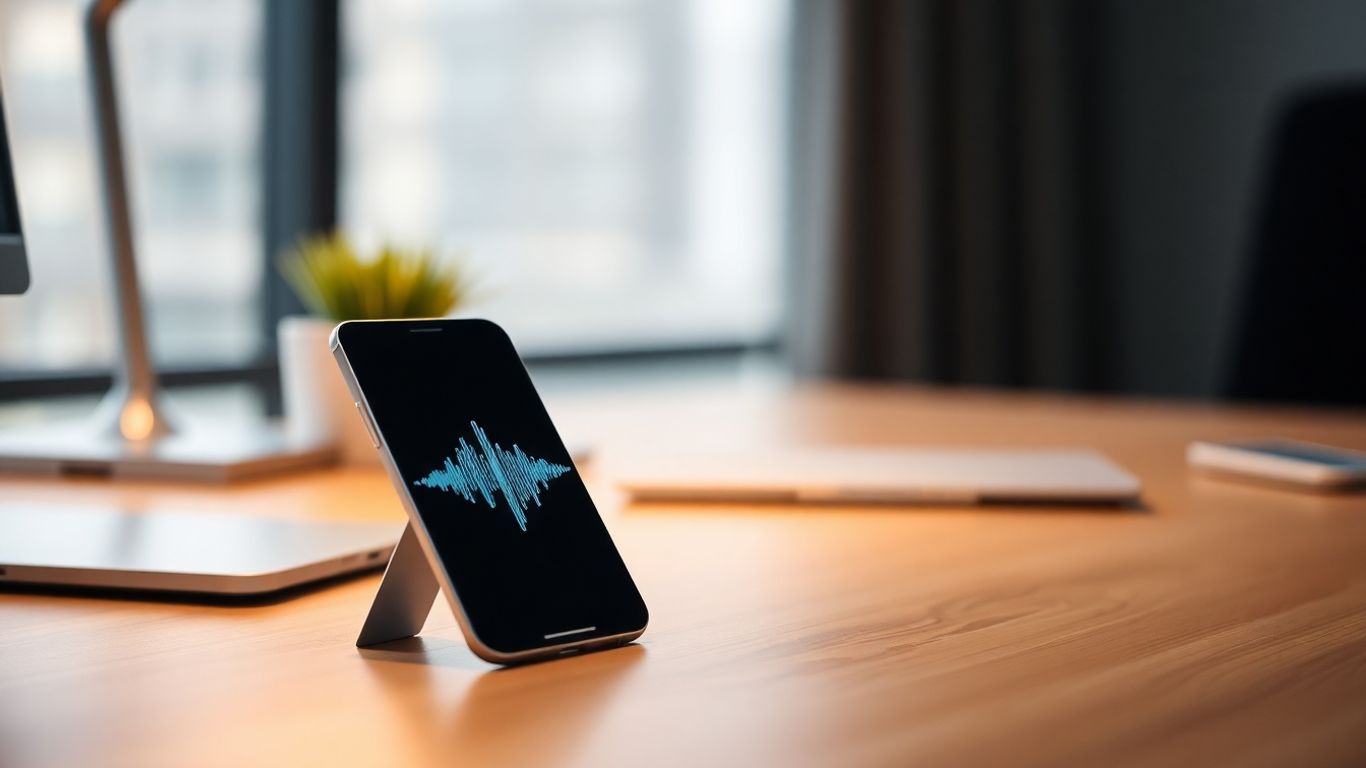 Smartphone with AI voice waveform on office desk.