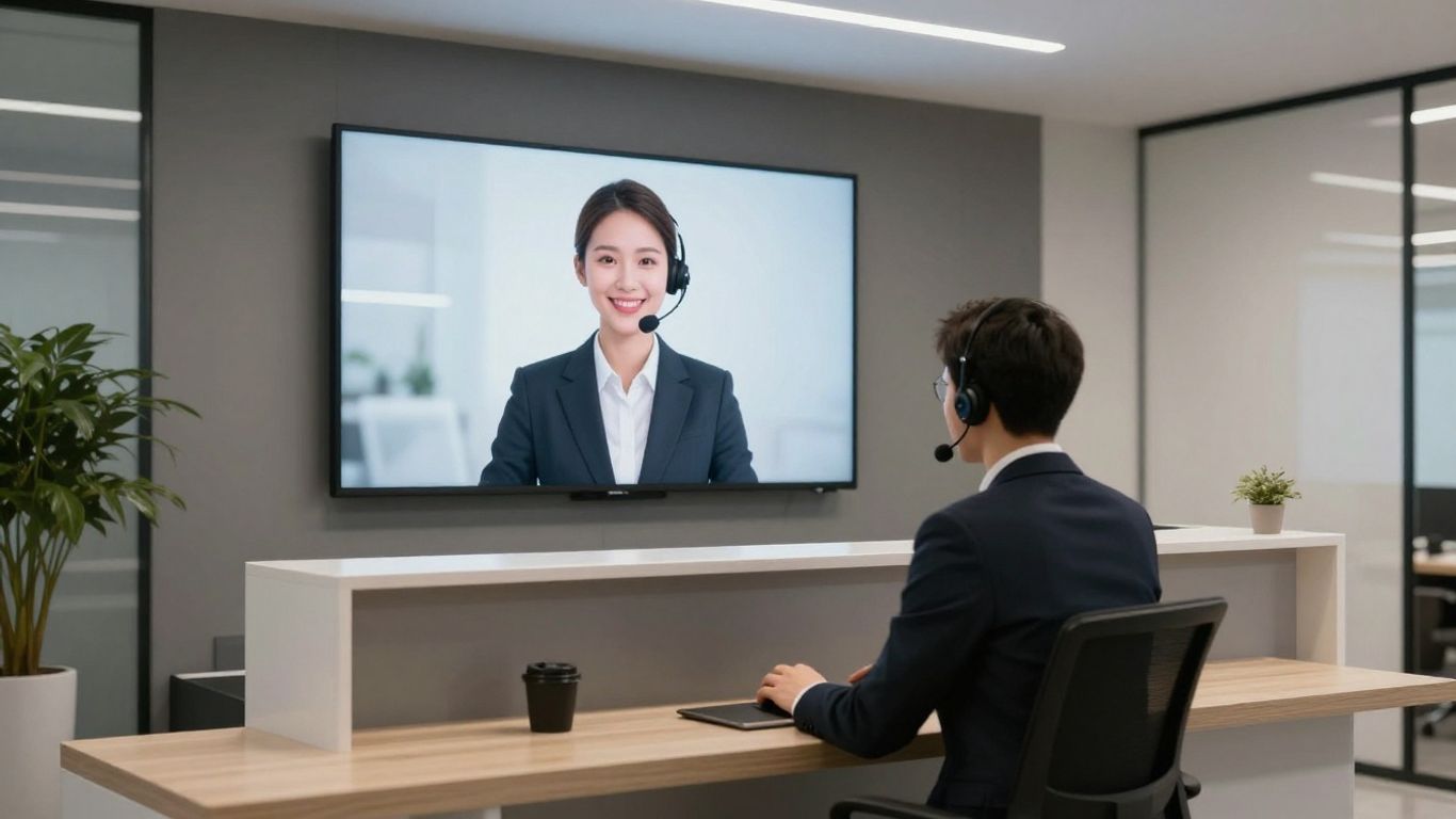 Automated receptionist avatar on a screen in an office.