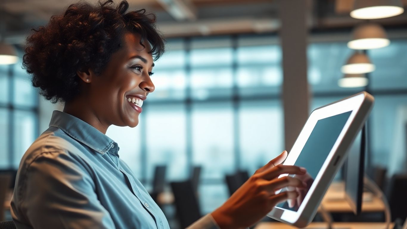 Person using advanced AI receptionist device in office