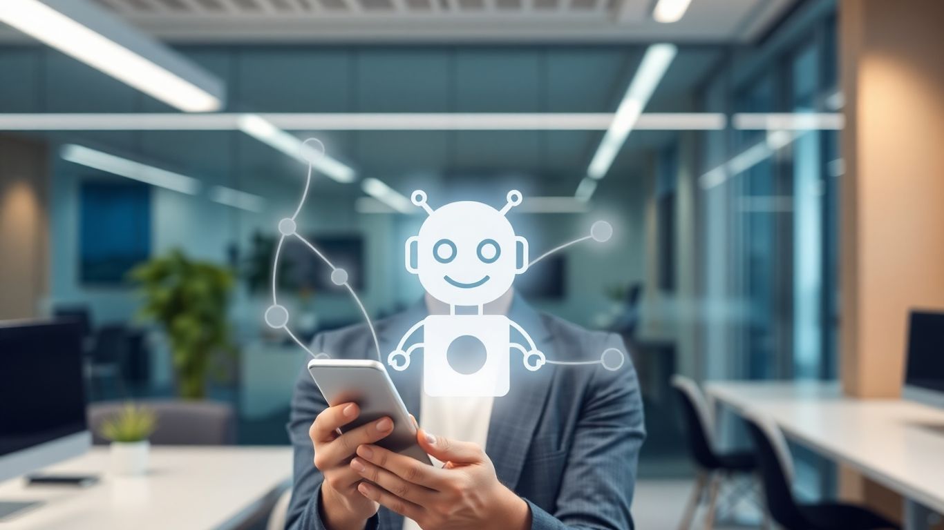 Person using smartphone with AI receptionist icon