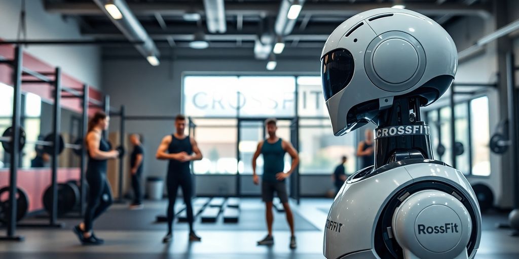 CrossFit gym with AI front desk bot assisting members.