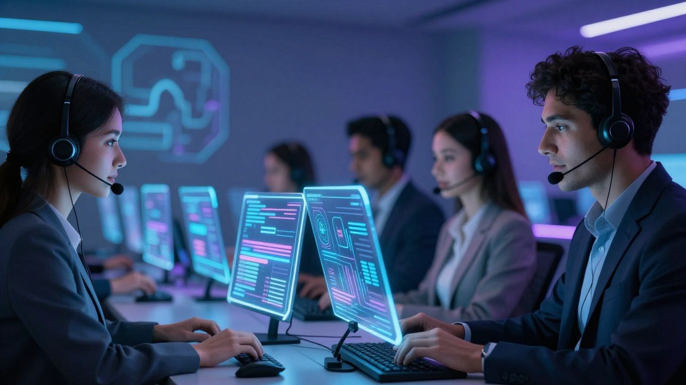 AI call center agents using futuristic holographic interfaces.