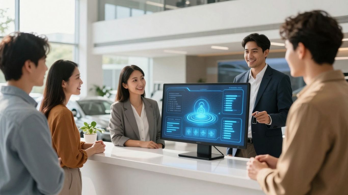 AI receptionist in a car dealership assisting customers.