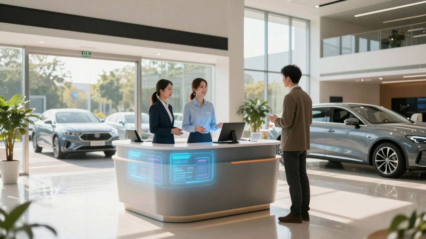 AI receptionist greeting customer in a modern car dealership.