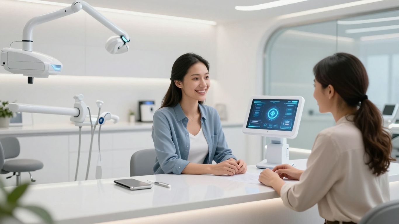 Dental clinic reception with patient and AI interface.