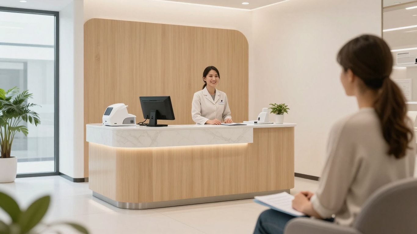 Dental clinic reception with patient and receptionist.