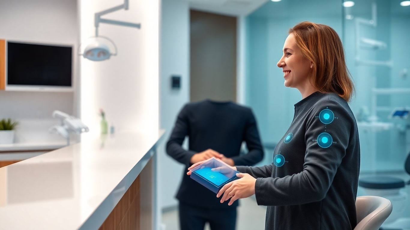 AI receptionist helping a patient in a dental office.