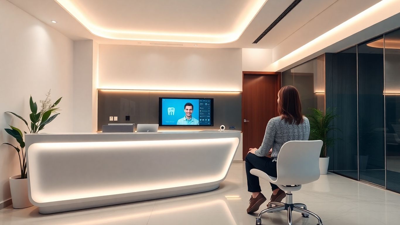 AI dental receptionist assisting a patient at the front desk.