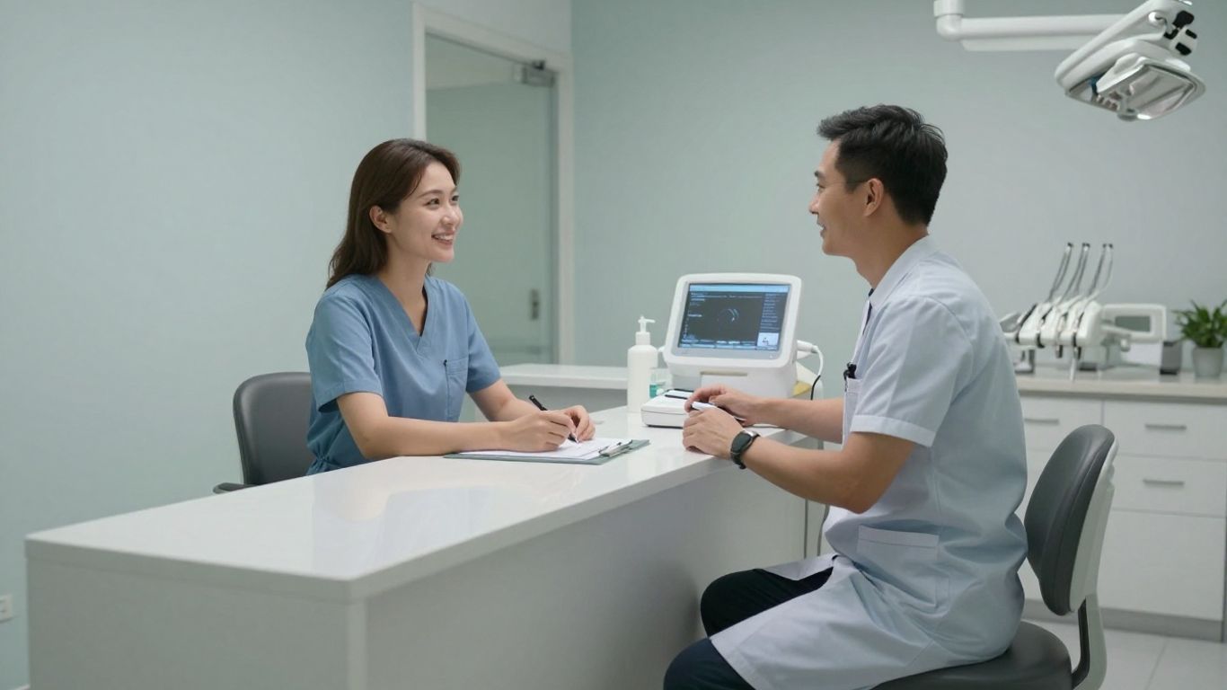 Dentist and patient smiling at a modern dental front desk.