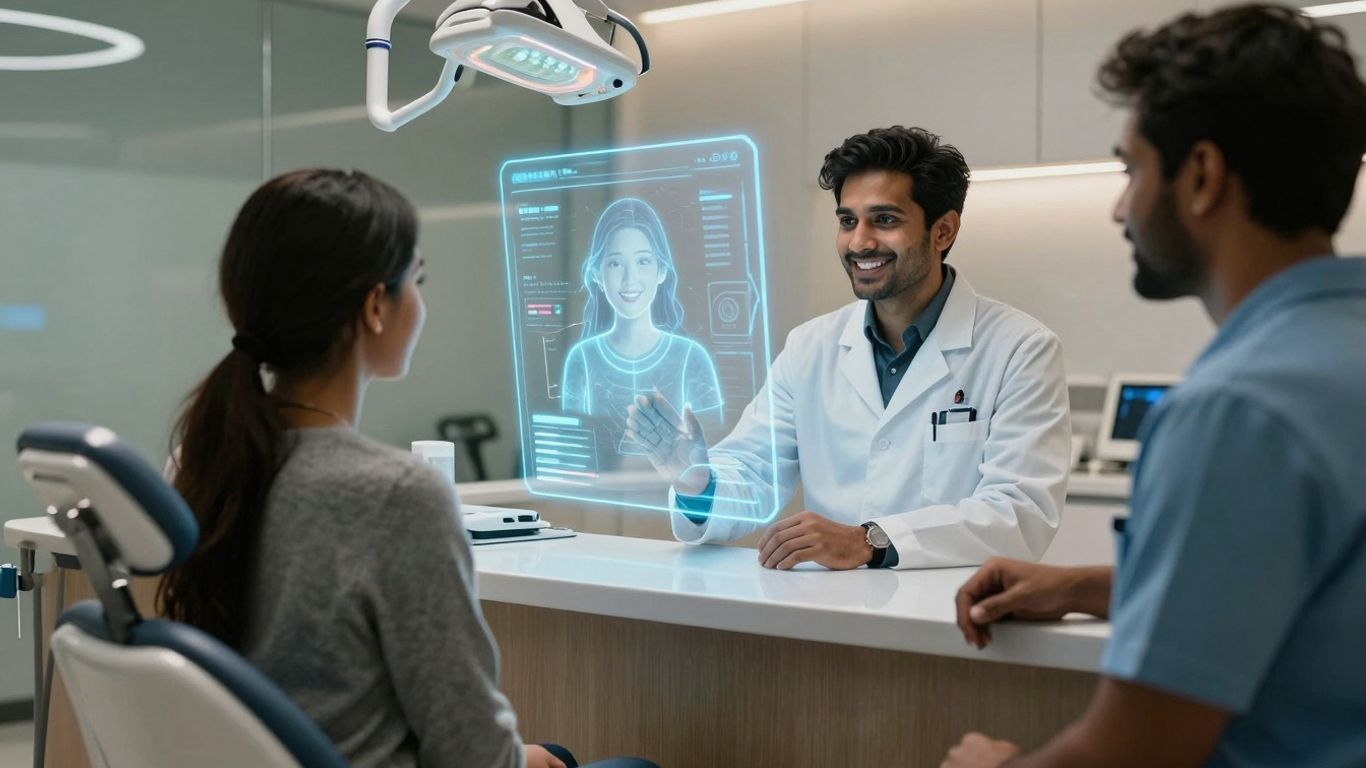 AI receptionist assisting patient in modern dental office.
