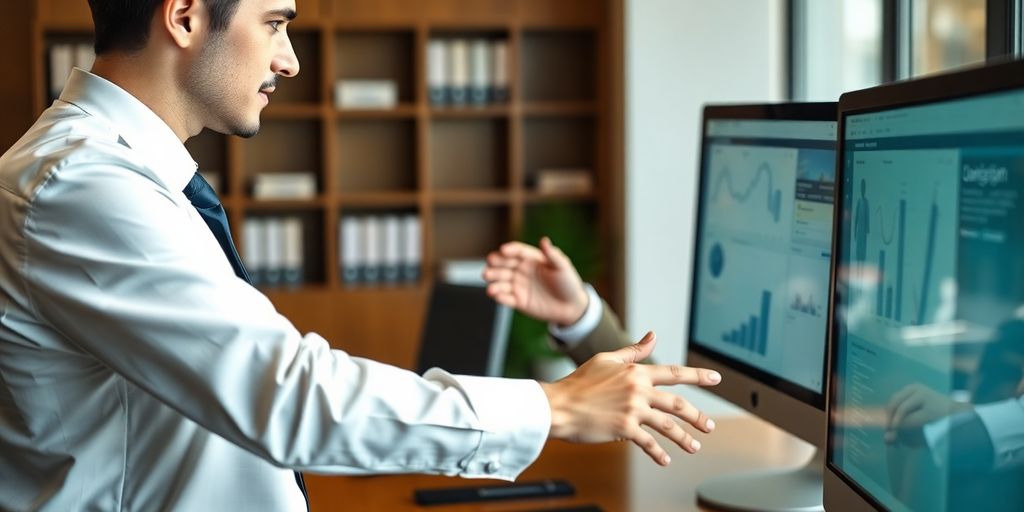 Lawyer using AI virtual receptionist on computer.