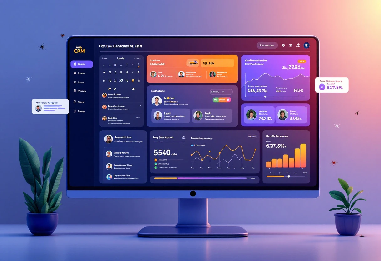 An illustration showcasing a CRM dashboard with seamless scheduling and lead management features, highlighting efficiency in pest control.