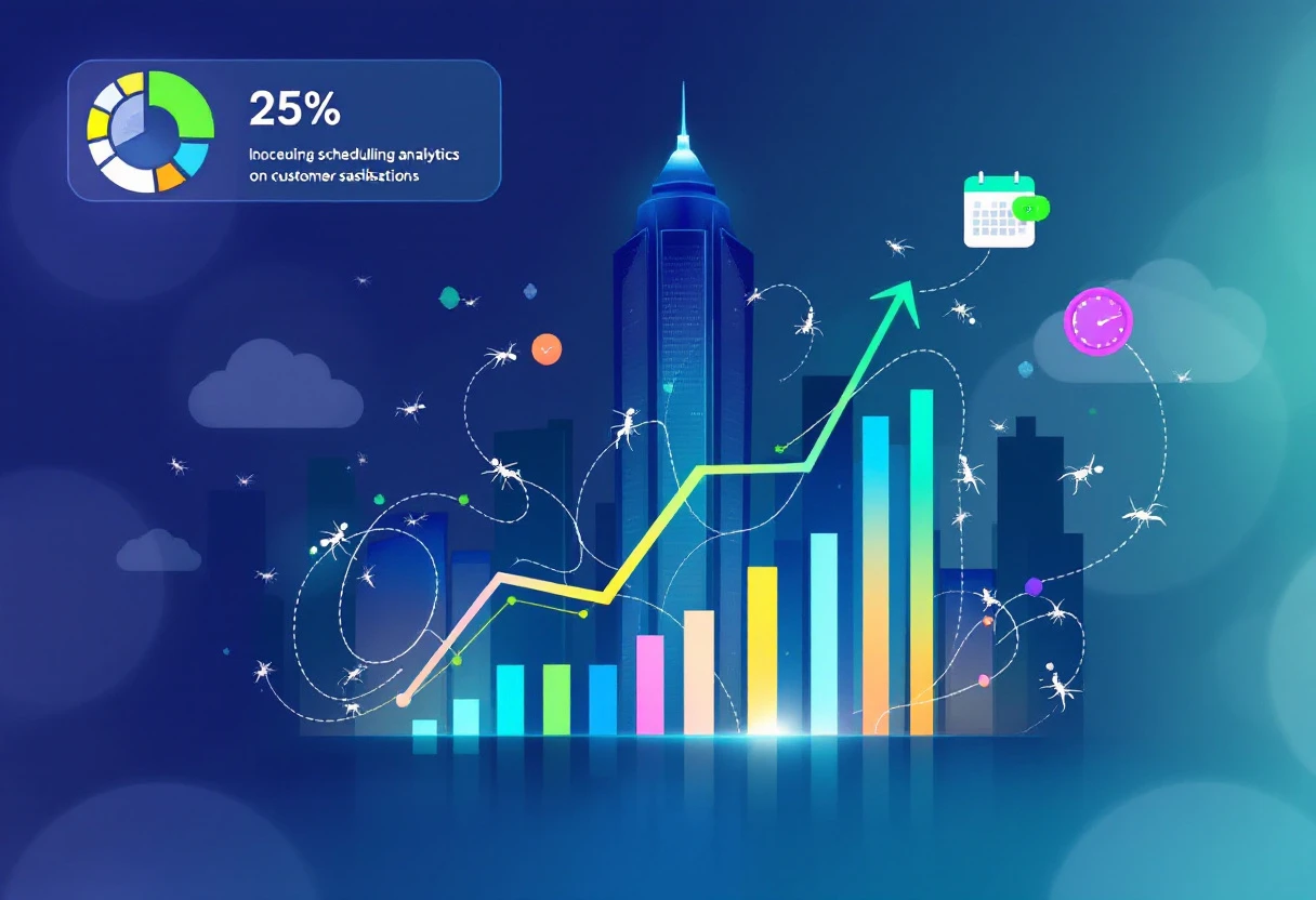 A stylized infographic showing the impact of scheduling analytics on conversions and customer satisfaction in pest control businesses.