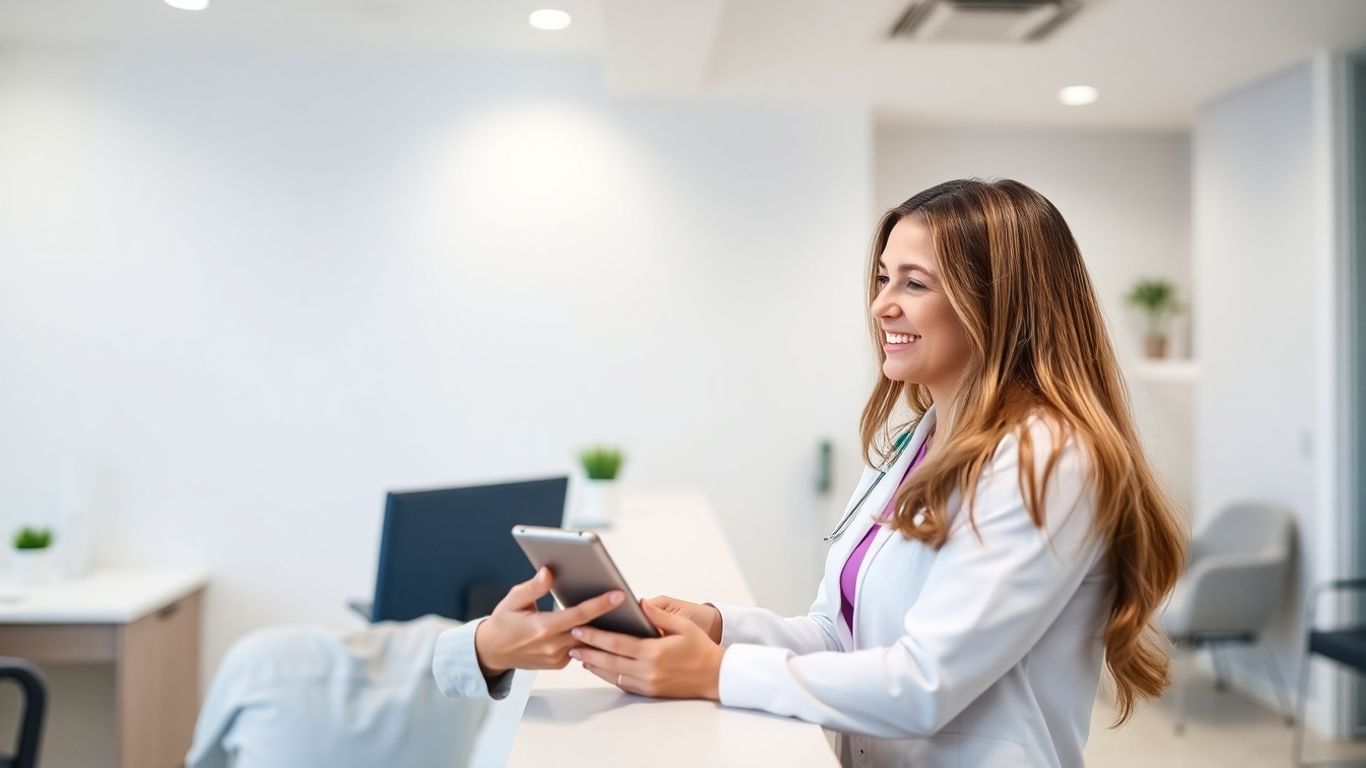 Dental receptionist assisting a patient with a tablet.