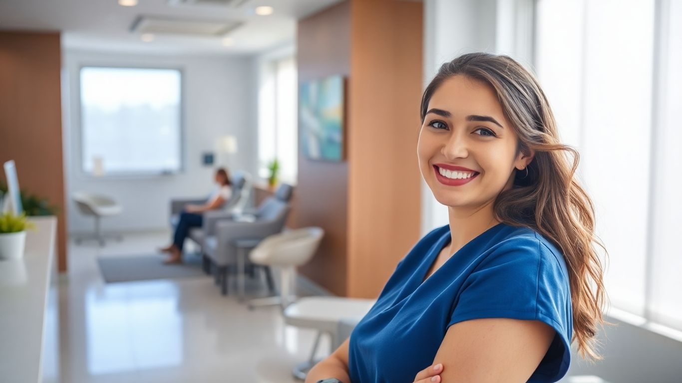 Dental office receptionist assisting a patient.