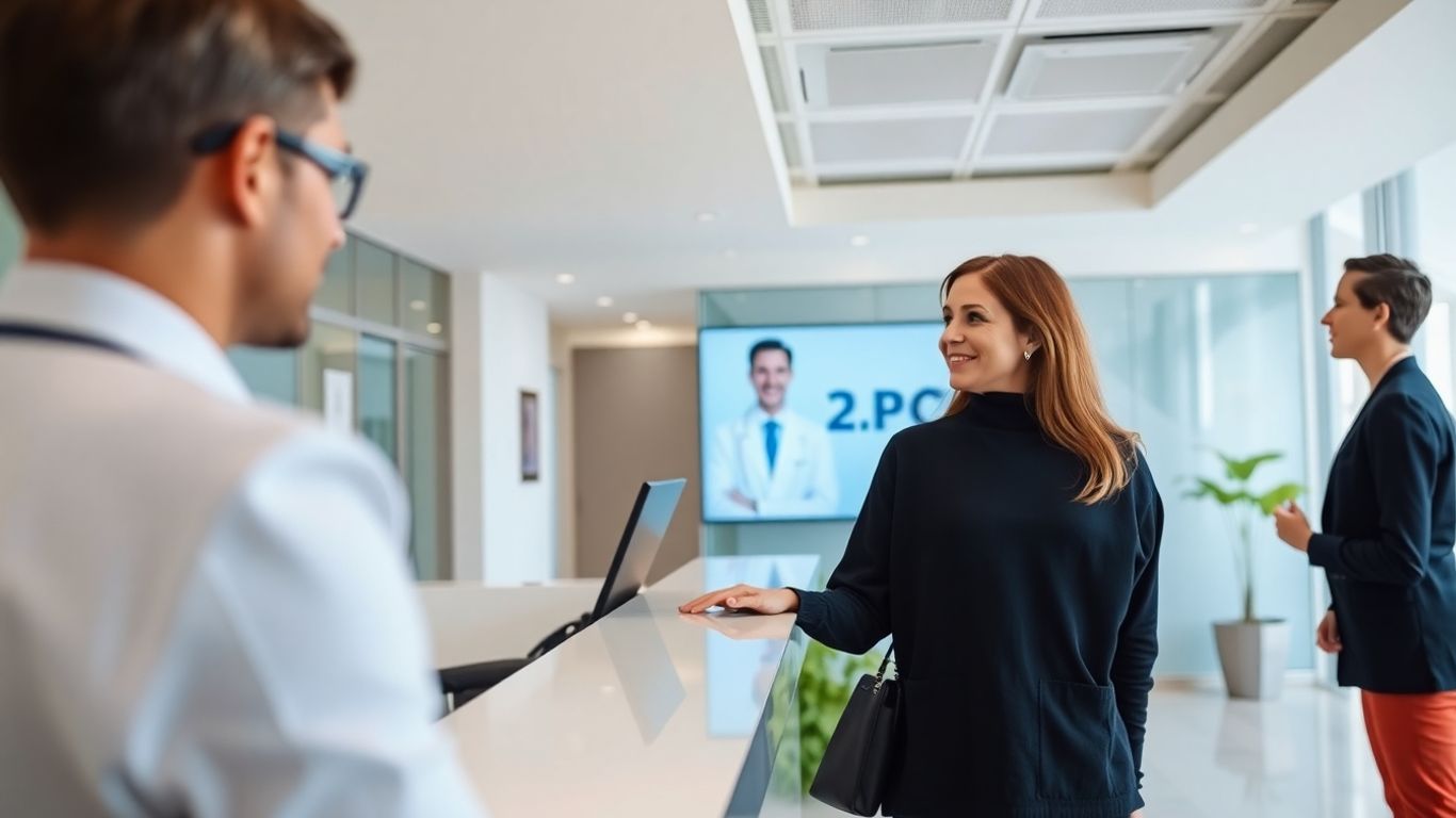 Virtual receptionist assisting doctor and patient in modern office.