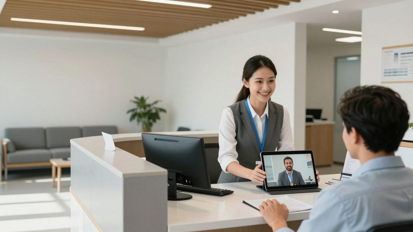 Virtual healthcare receptionist assisting a patient on a tablet.