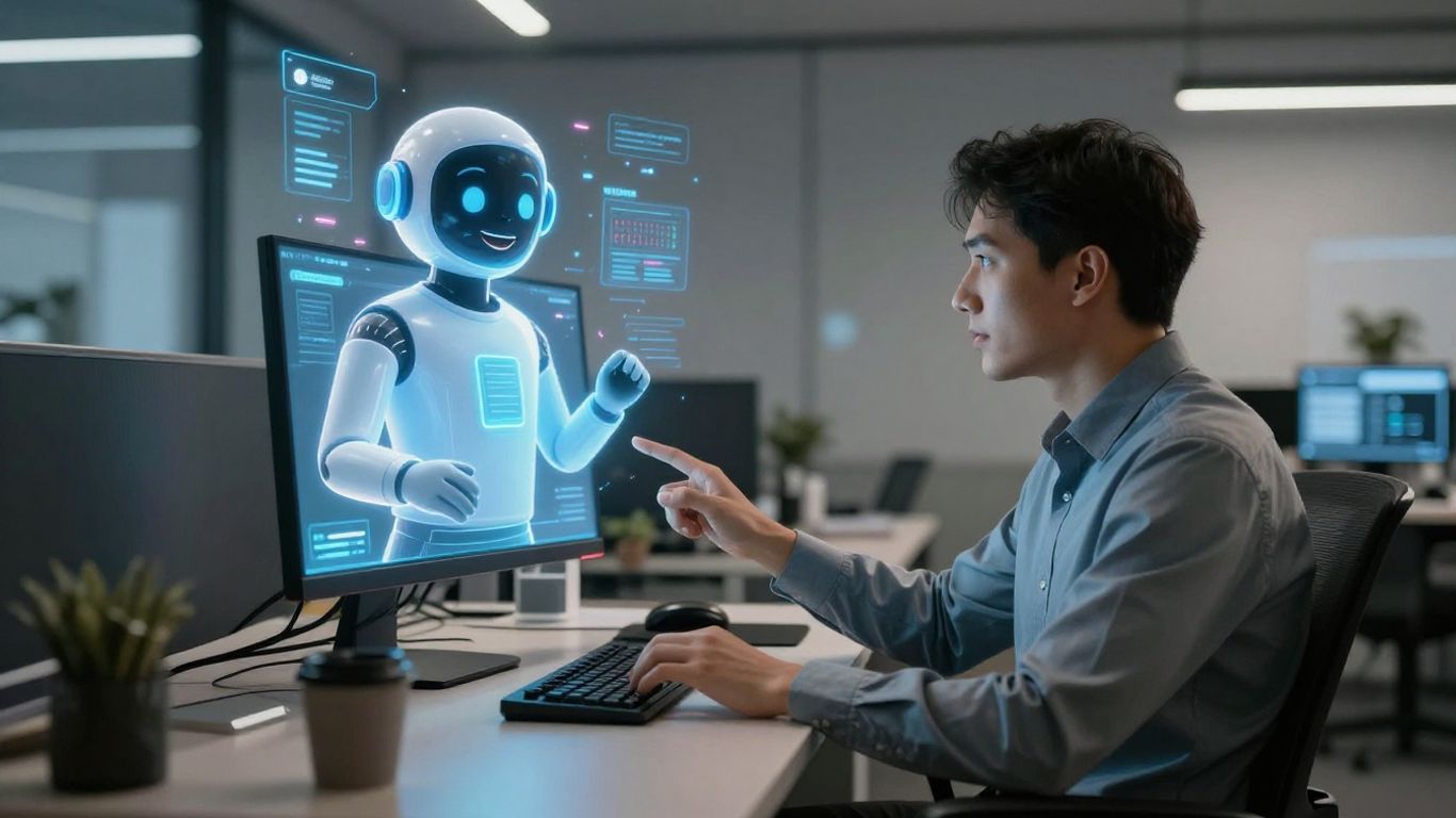 AI receptionist assisting a business person in an office.