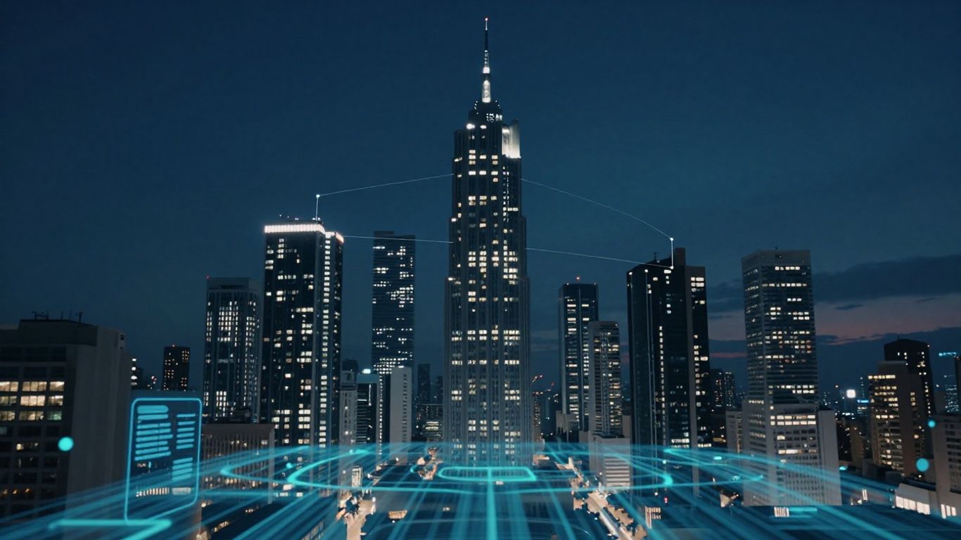 Futuristic cityscape with digital streams and AI interfaces.