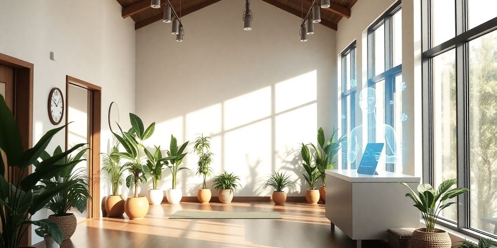 Yoga studio reception with AI hologram.