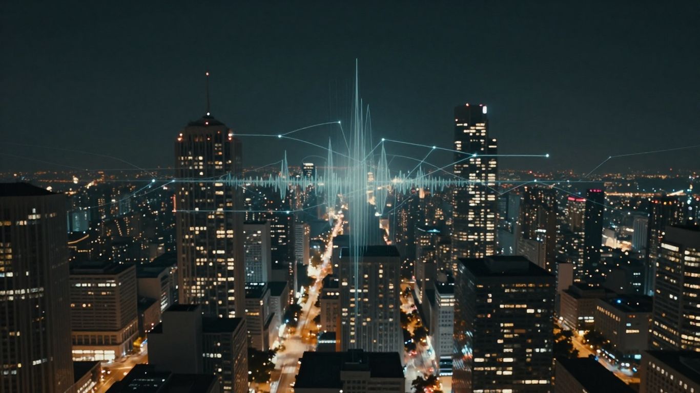 Futuristic cityscape with sound waves, AI communication