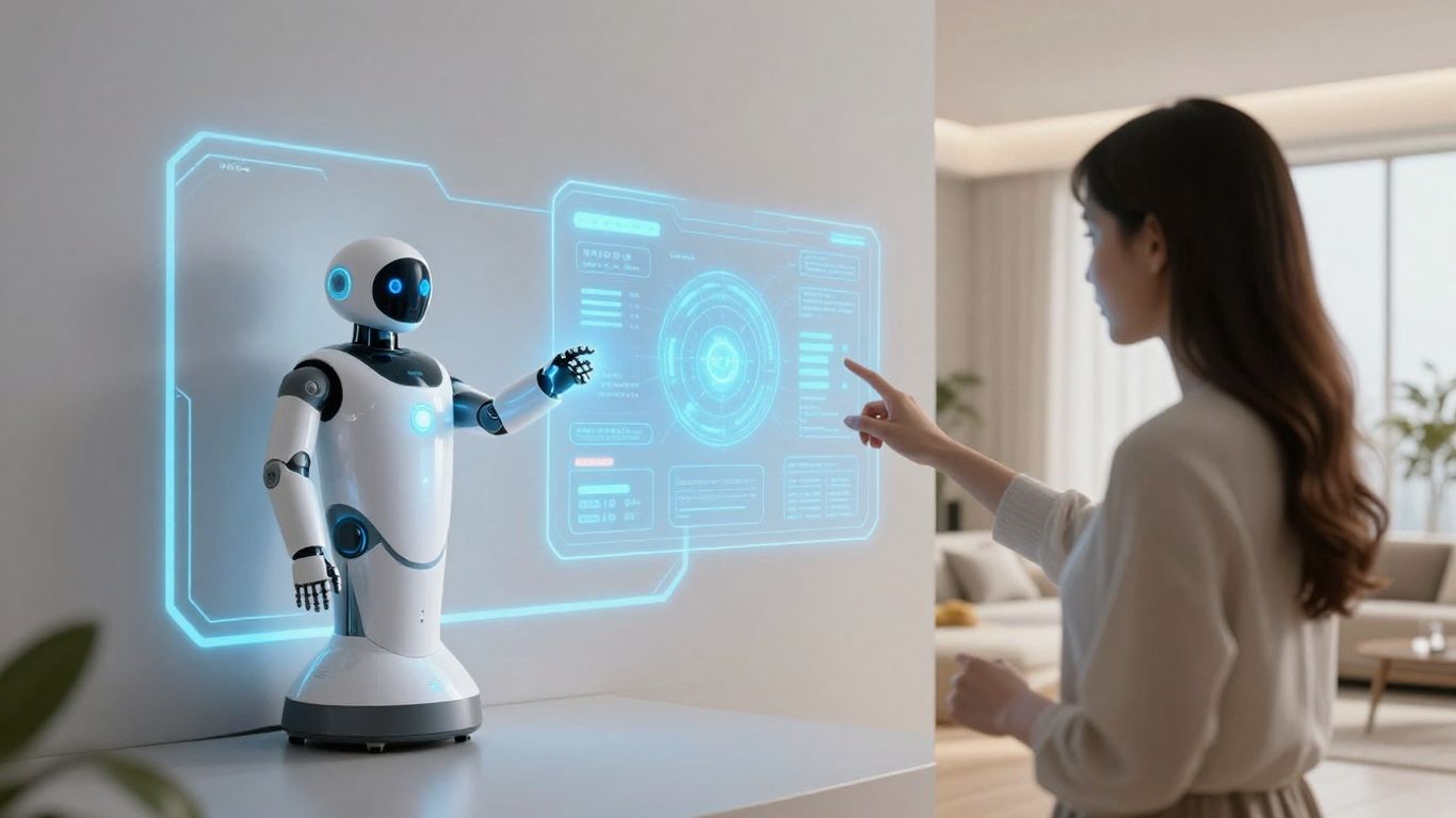 Futuristic smart home with AI integration and robot assistant.