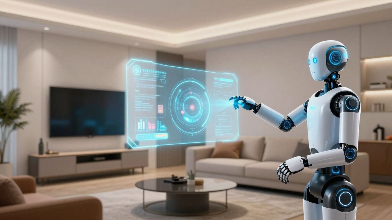 Futuristic smart home with AI assistance and robotic services.
