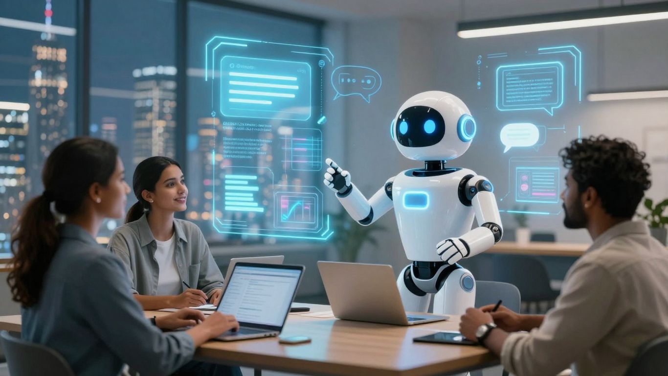 Chatbot assisting people in a futuristic real estate environment.