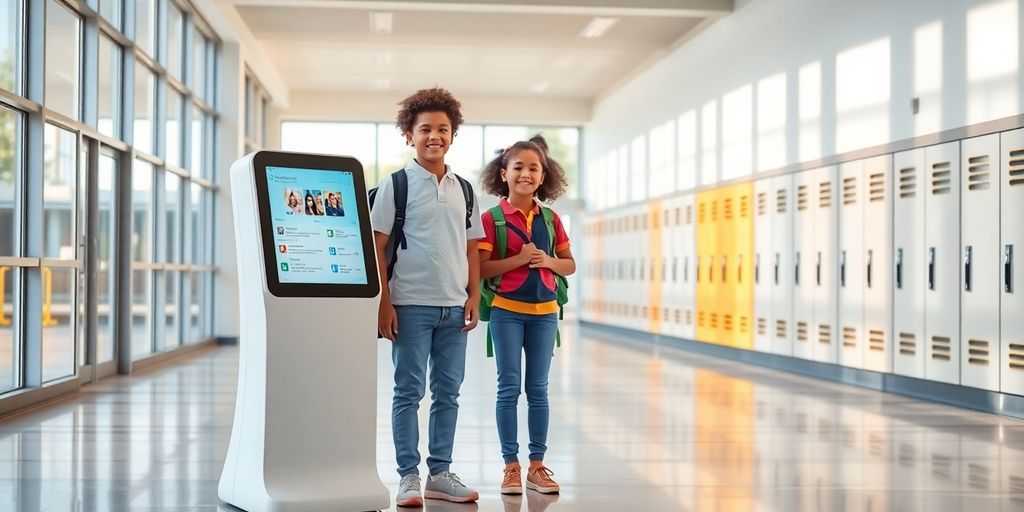Diverse student at robot-style kiosk in bright school lobby setting.
