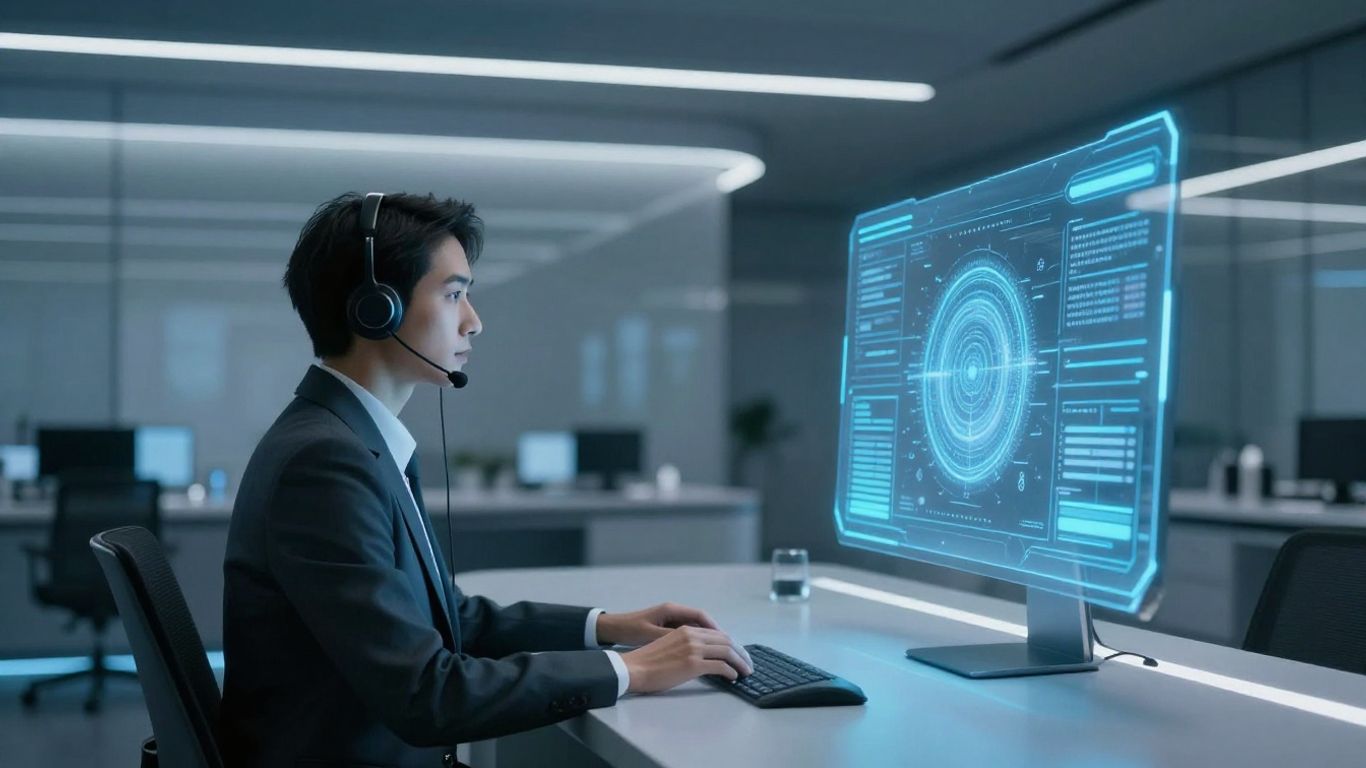 AI and human agent collaborating in a futuristic support center.