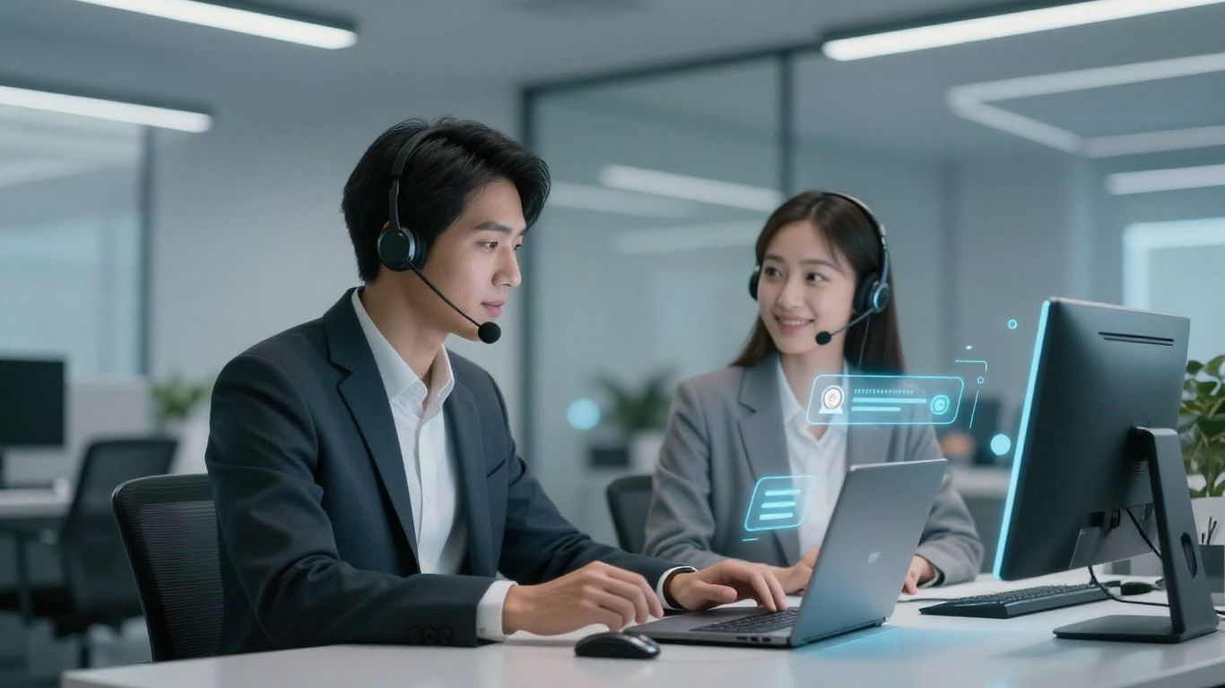 AI chatbot and human agent collaborating in customer service.