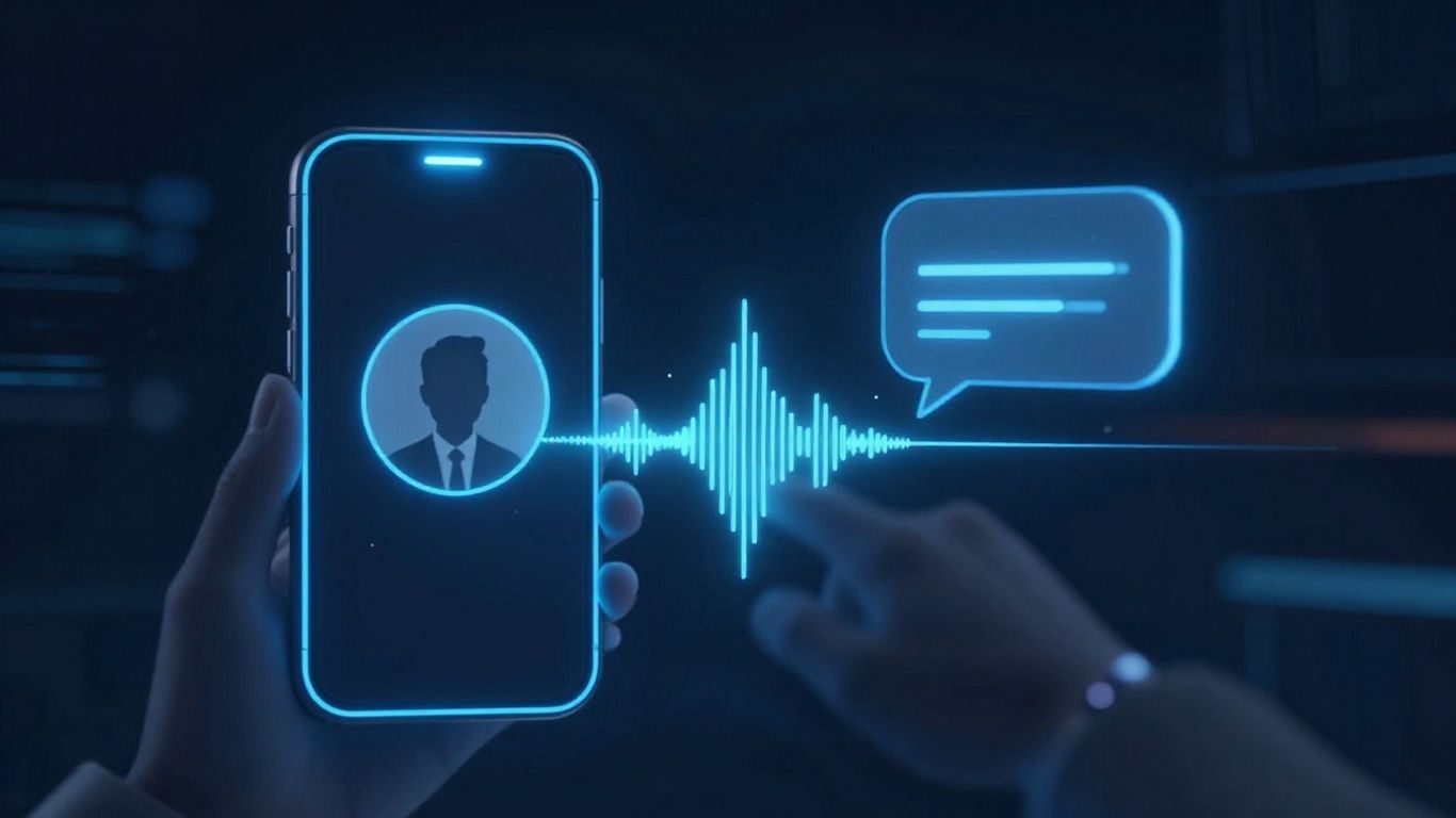 Chatbot interface and voice waveform transforming into speech bubble.