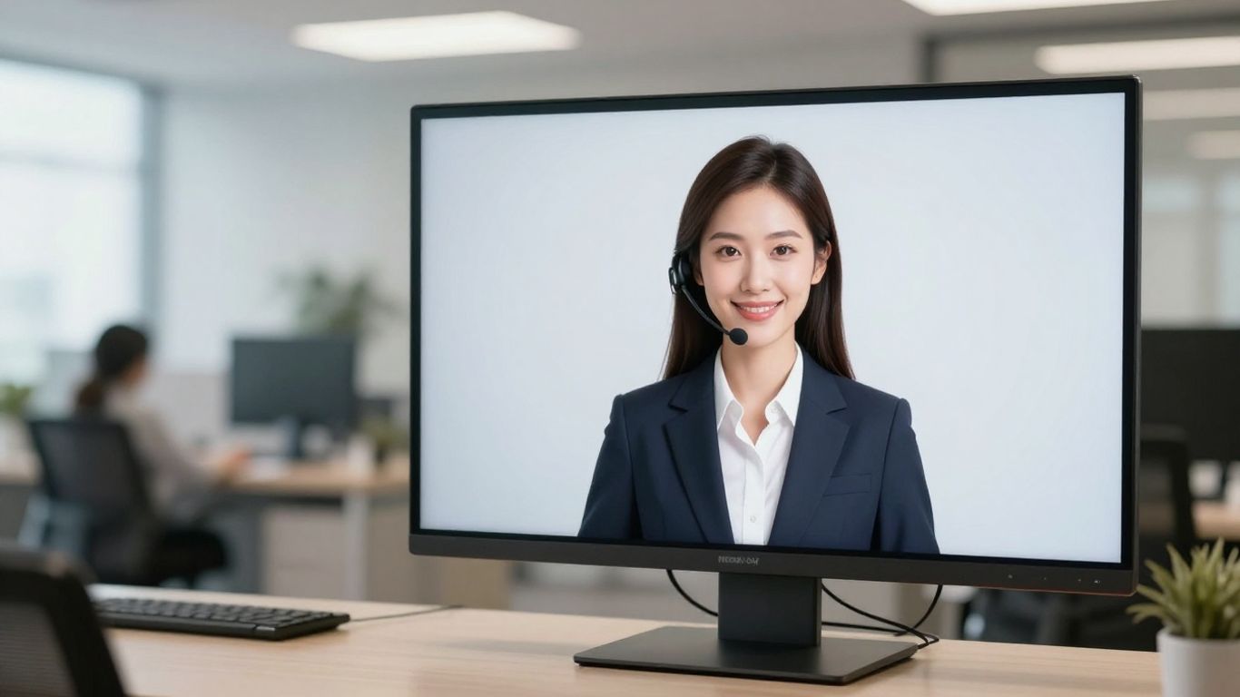 AI receptionist on a screen in a modern office.