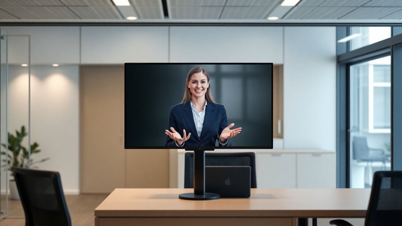 AI receptionist avatar on a screen in an office
