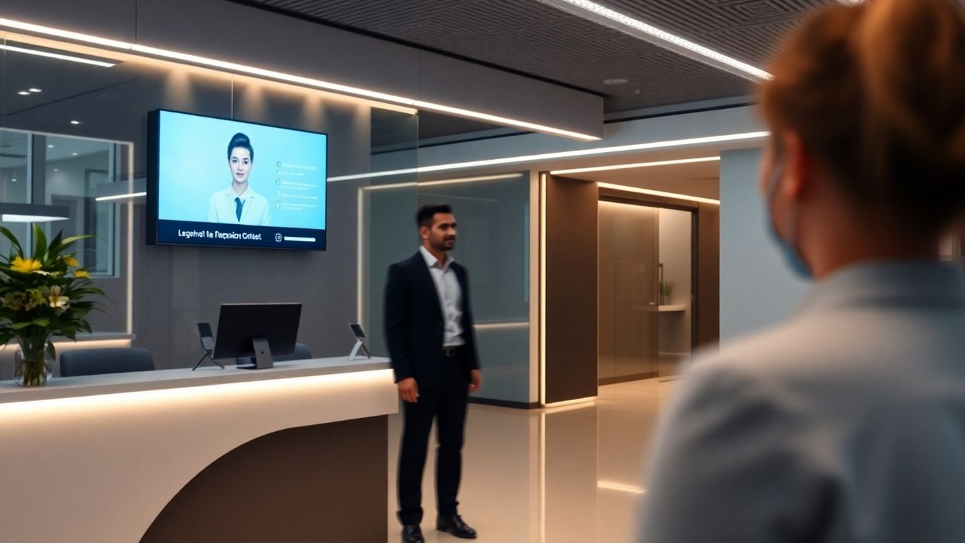 AI receptionist interface in a modern office setting.