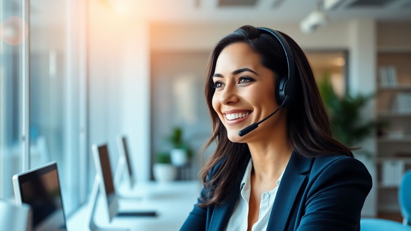 Professional woman with headset in a bright office.