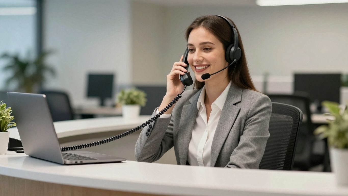 Professional receptionist with headset answering phone.