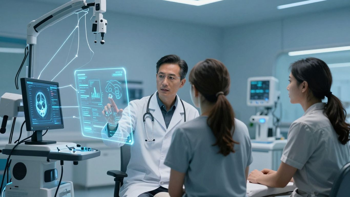 Doctor and patient using holographic medical interface.