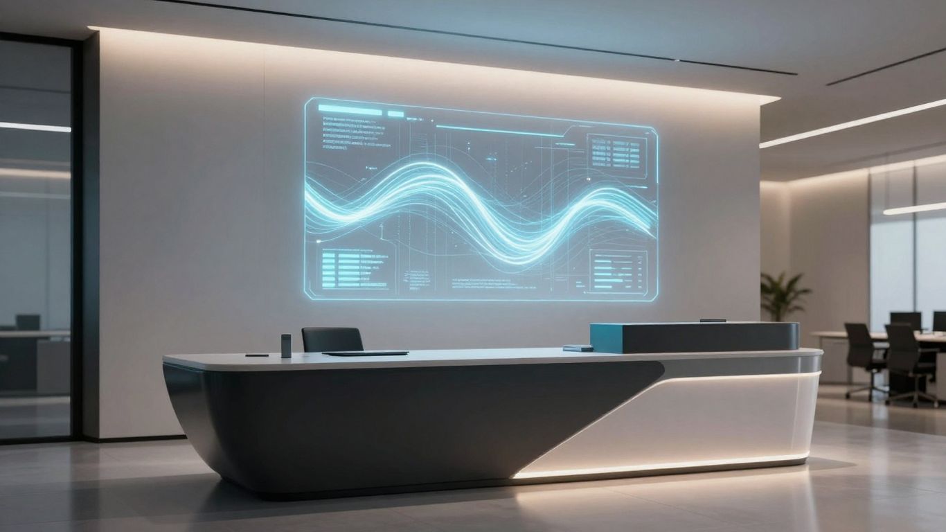 AI receptionist interface in a modern office.