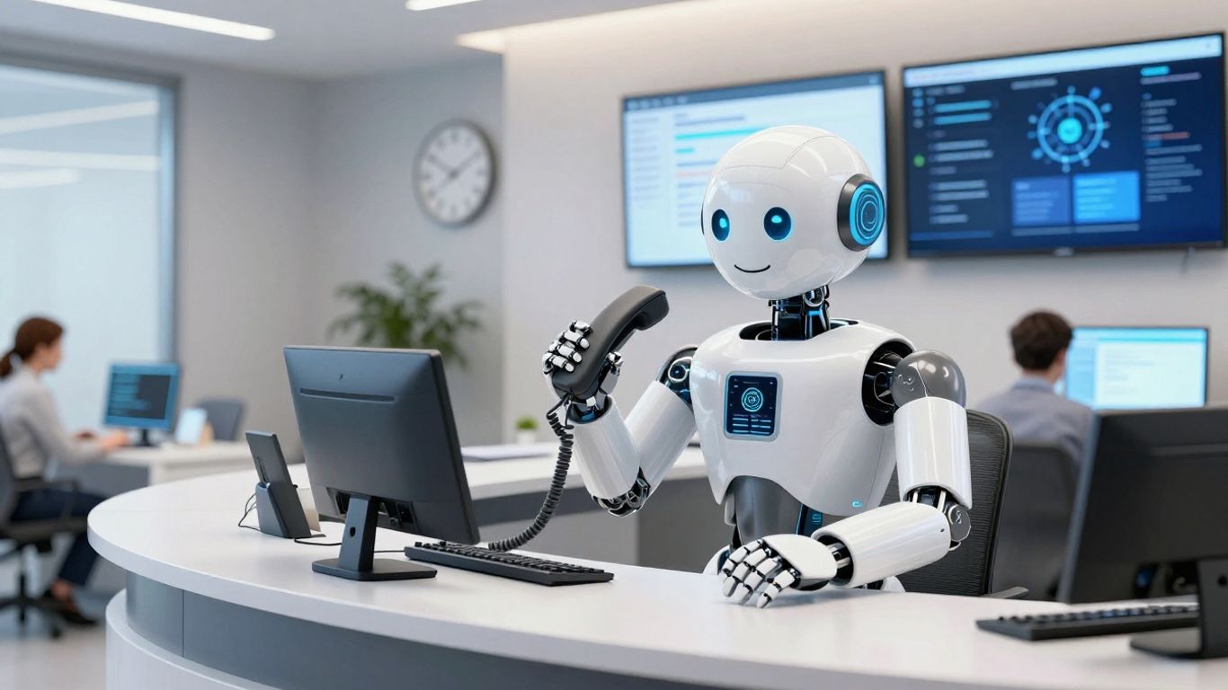 AI robot receptionist answers phone in modern office