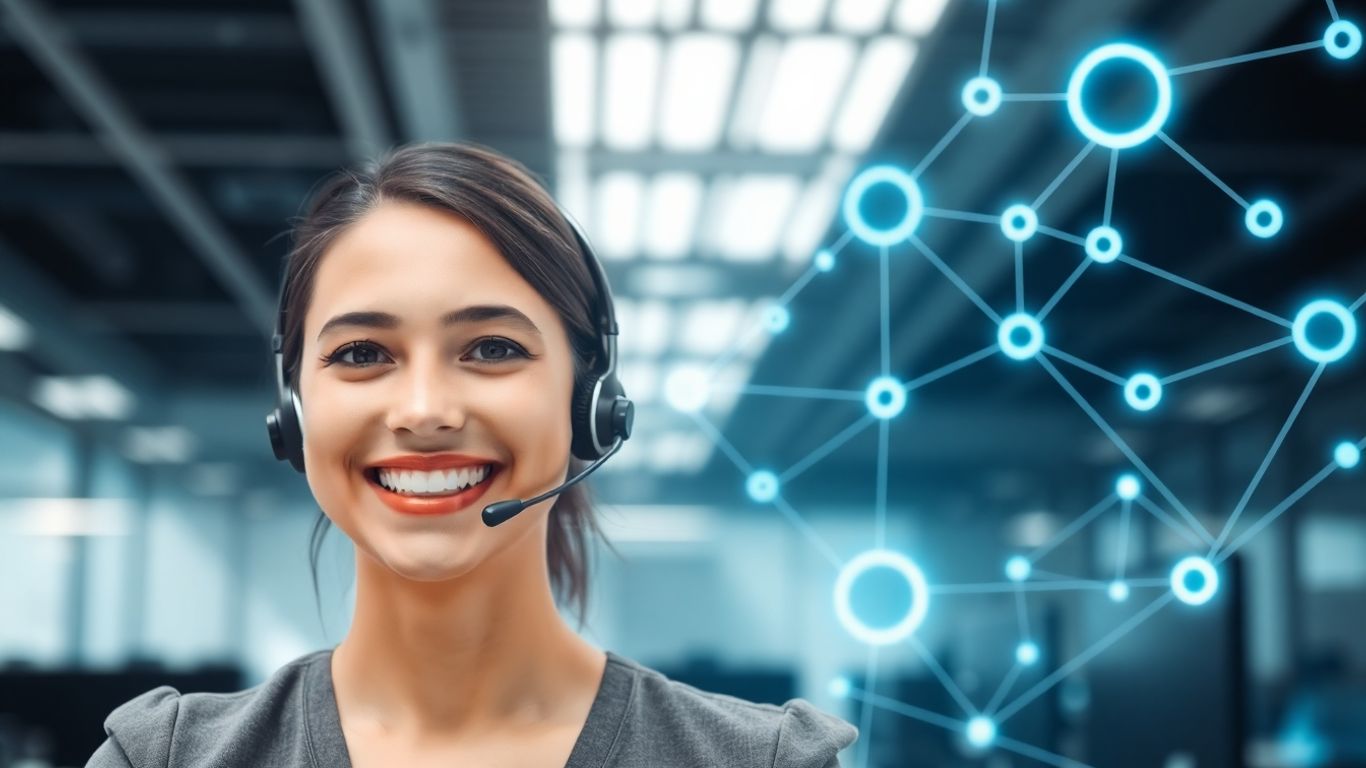 Person with headset, connected to a telephone network.