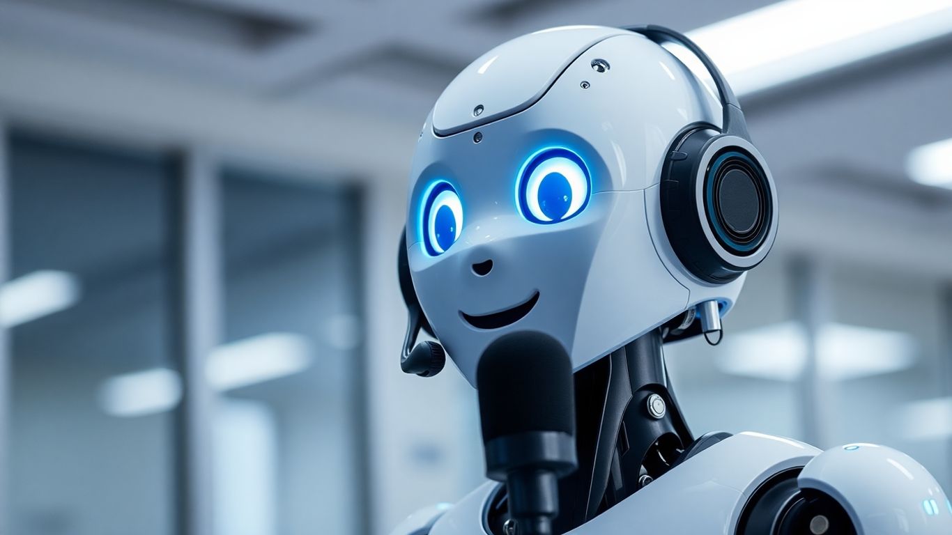 AI robot with headset speaking into microphone