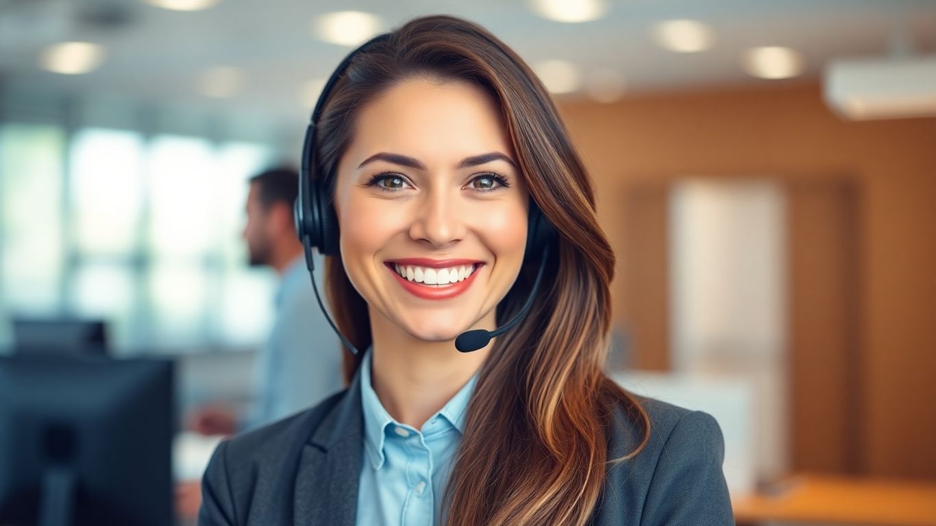 Professional woman with headset, ready to assist.