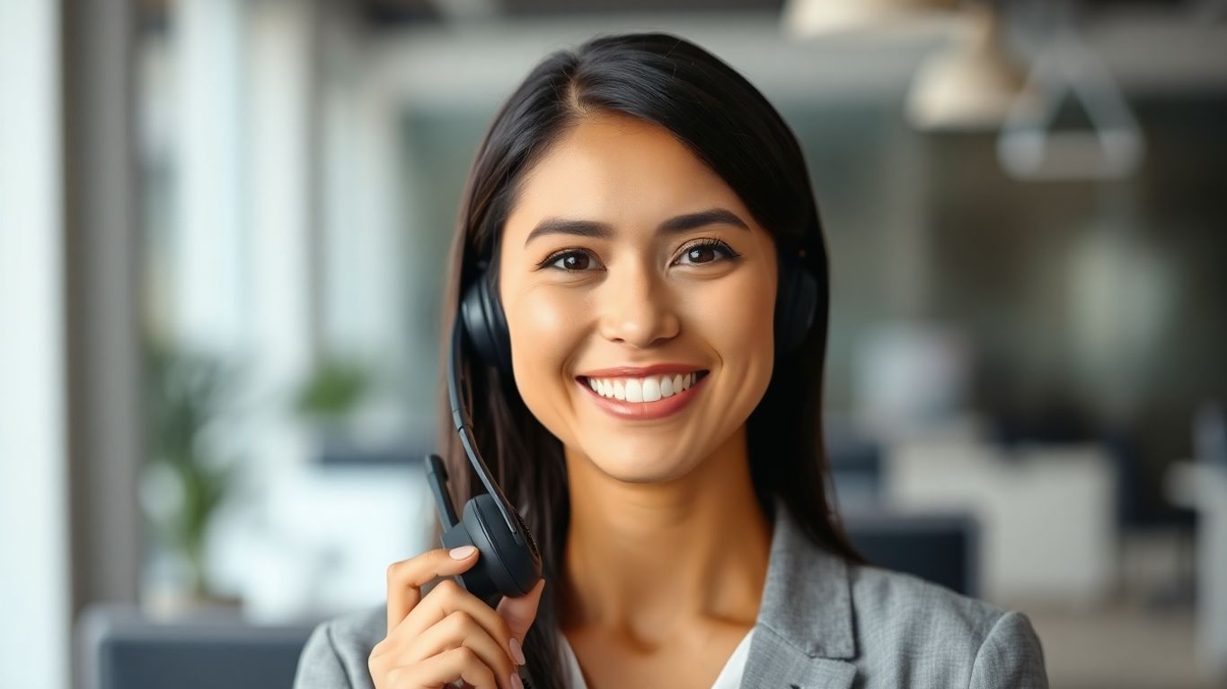 Professional woman with headset, ready to assist.
