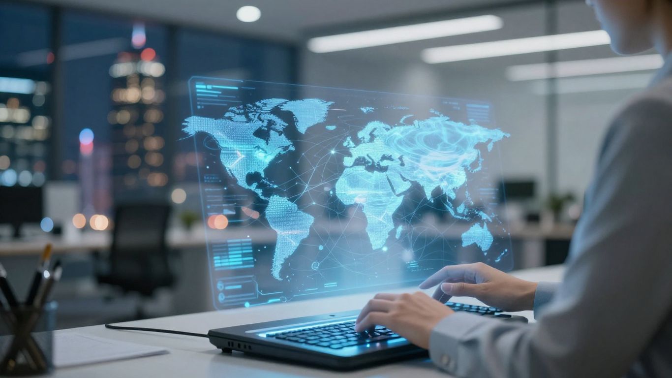 Business professional using advanced technology interface