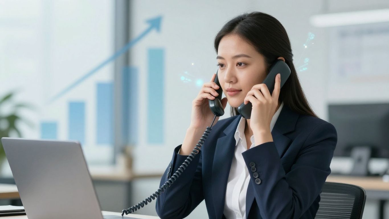 Businessperson on phone, financial stability, organized growth.