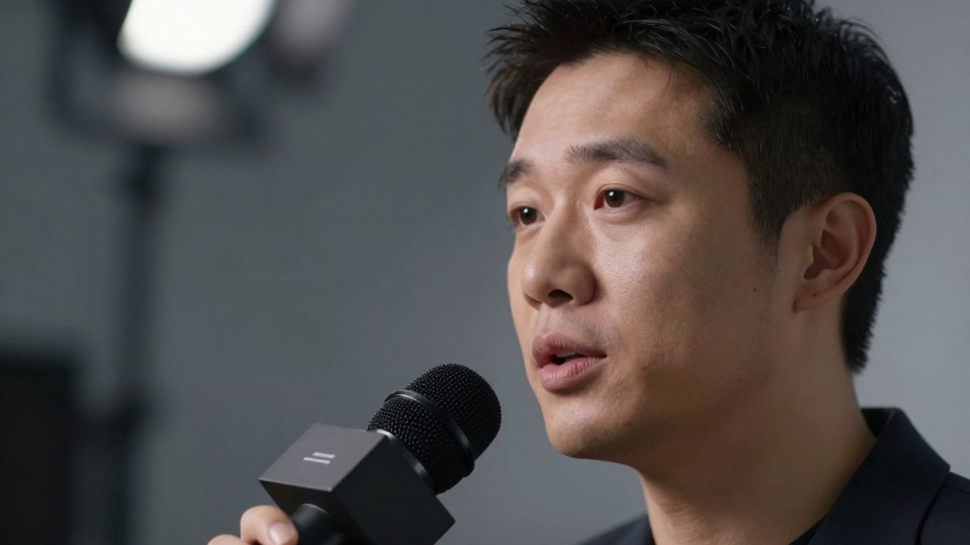 Person speaking into a microphone, advanced technology.