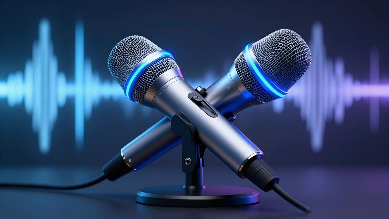 Modern microphone with glowing blue accents and sound waves.