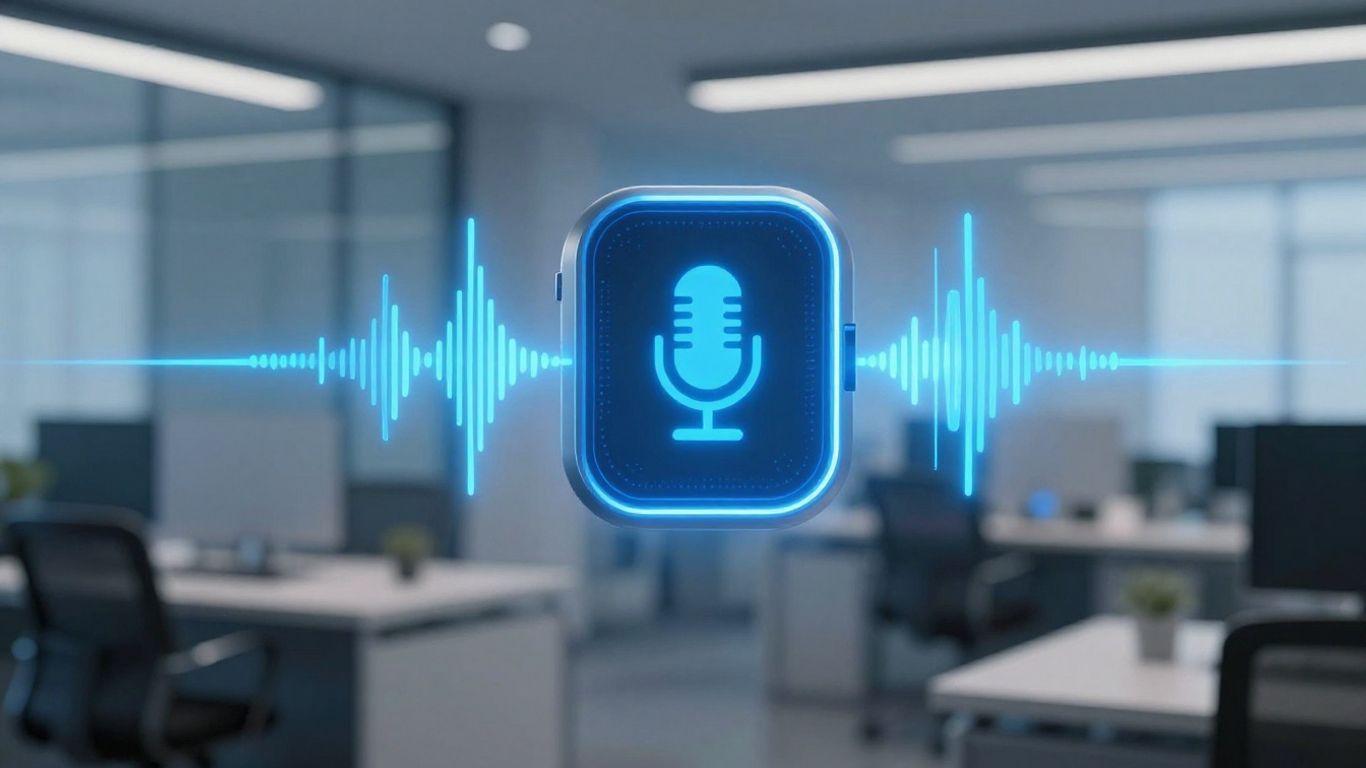 Voicebot interface with sound waves and office background.